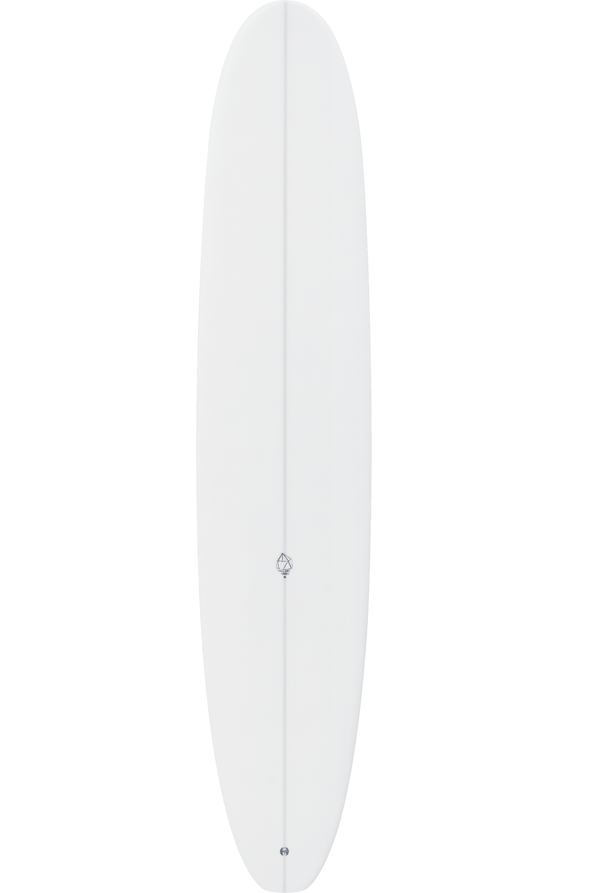 Shapers-Club- La planche de surf longboard Dead Kooks - Guerrero 9'6" x 23" x 3" présente un design blanc épuré avec une fine ligne centrale allant du haut vers le bas. Un petit logo Dead Kooks est placé avec goût le long de la ligne près du milieu de la planche. Il présente des bords lisses et une finition élégante. -surfshop-surfboard