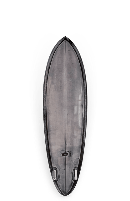 Shapers-Club- Un sac de planche de surf noir et gris arrondi et effilé s'adapte parfaitement à un PDX Twin (6'8" x 21 1/4" x 2 3/4"), avec deux poignées en dessous, posé sur un fond blanc. -surfshop-surfboard