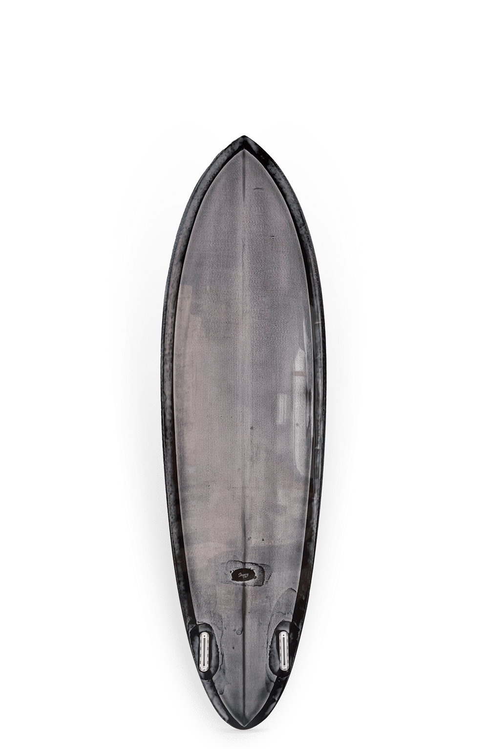 Shapers-Club- Un sac de planche de surf noir et gris arrondi et effilé s'adapte parfaitement à un PDX Twin (6'8" x 21 1/4" x 2 3/4"), avec deux poignées en dessous, posé sur un fond blanc. -surfshop-surfboard
