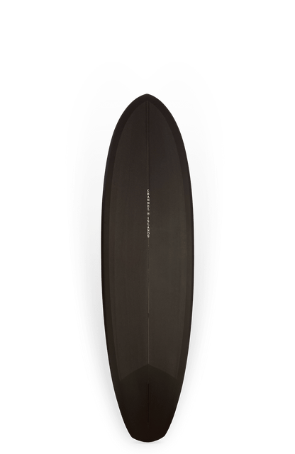 Shapers-Club- La planche de surf simple Tri Plane Hull (6'9" x 21 3/16" x 2 11/16" - 42,3L) présente un design élégant et moderne avec un look sombre et minimaliste sur fond dégradé en forme de pomme passant du noir au blanc. -surfshop-surfboard