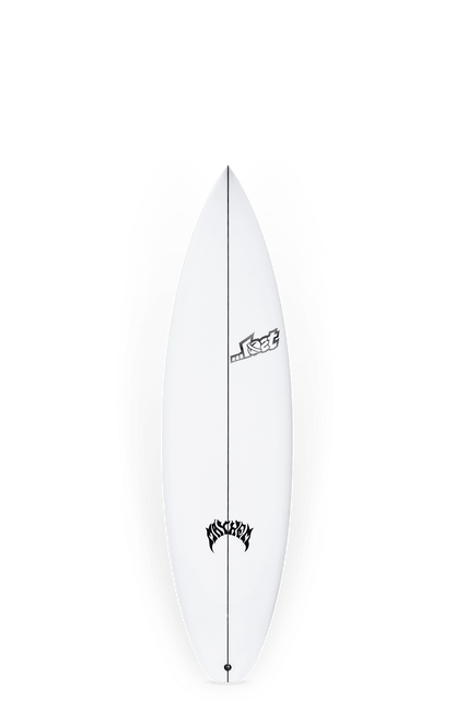 Shapers-Club- La planche de surf Driver 3.0 est présentée sur un fond blanc, affichant son design élégant avec un logo noir en haut et un motif graphique en bas. Elle présente des dimensions optimisées pour les performances de 5'10" x 18 3/4" x 2 3/8" avec une capacité de 27,5 litres. -surfshop-surfboard