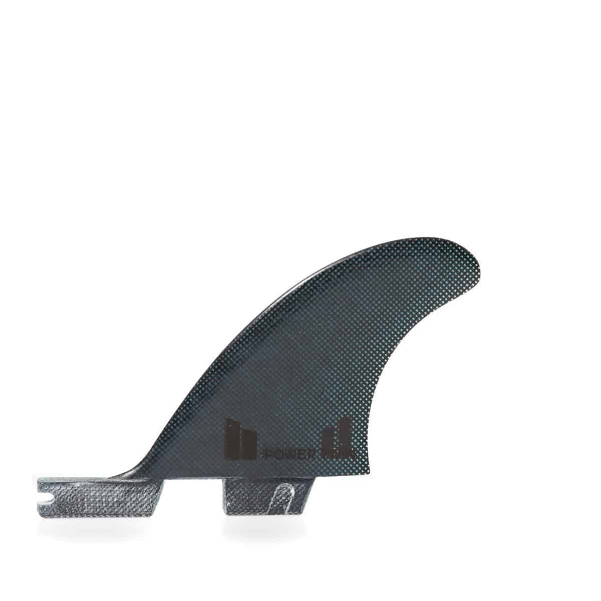 Shapers-Club- Un aileron de planche de surf FCS II - POWER TWIN FIN - THRUSTER (Performance Glass) noir est isolé sur un fond blanc. L'aileron a une forme incurvée, présente une surface texturée et comprend deux petites broches en bas pour la fixation à la planche de surf. -surfshop-surfboard