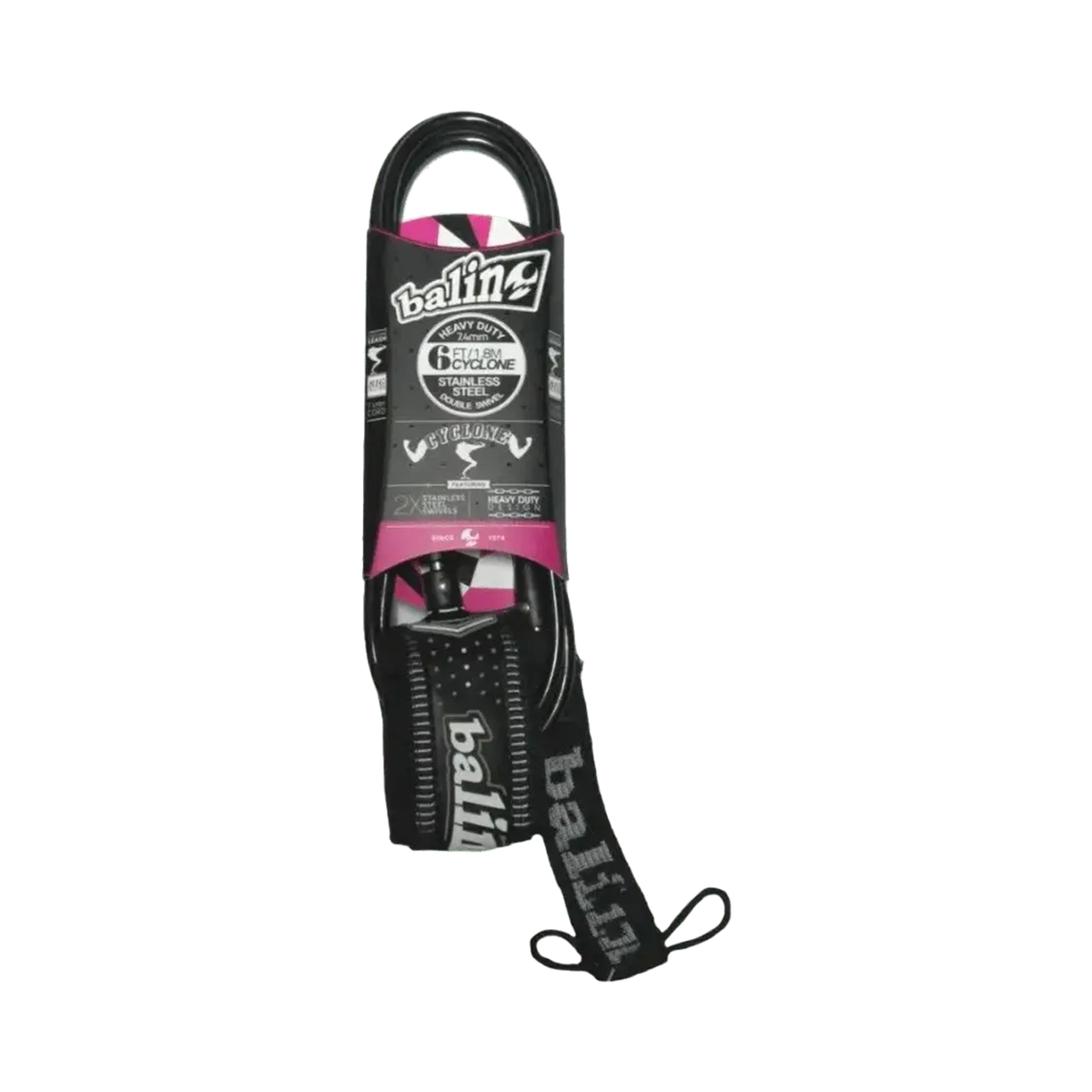 Shapers-Club- L'emballage du leash de surf BALIN - LEASH - 6' - BLACK souligne sa résistance remarquable et son adéquation aux grosses vagues, mettant en valeur une marque claire et un logo bien affiché sur la sangle. -surfshop-surfboard