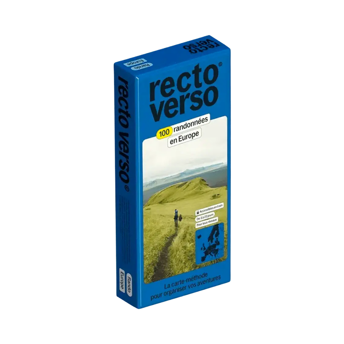 Shapers-Club- A blue Recto Verso Europe box, bearing the inscription "100 hikes in Europe", depicts a hiker on a grassy path amidst hills and water. This French box is ideal for planning and organizing hikes across Europe. -surfshop-surfboard