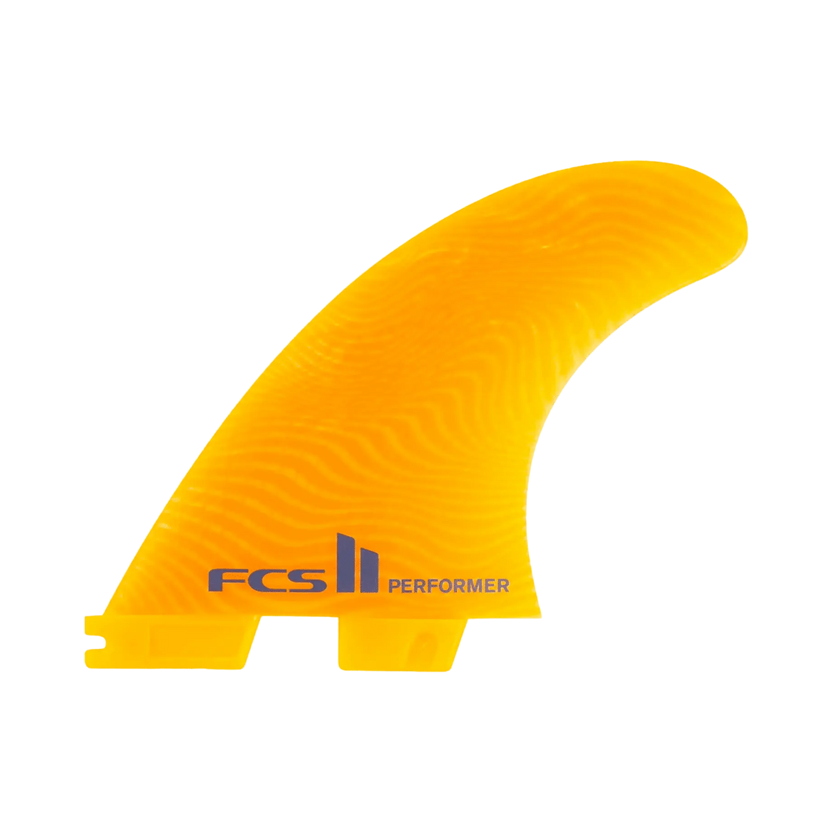 Shapers-Club- The FCS - Performer - EcoBlend - Thruster - Large is a fin simple orange surfboard with a slightly translucent texture, featuring a black "FCS II" logo and the word "Performer" printed near the bottom. It fin has a contoured and curved shape and is displayed on a plain white background. -surfshop-surfboard