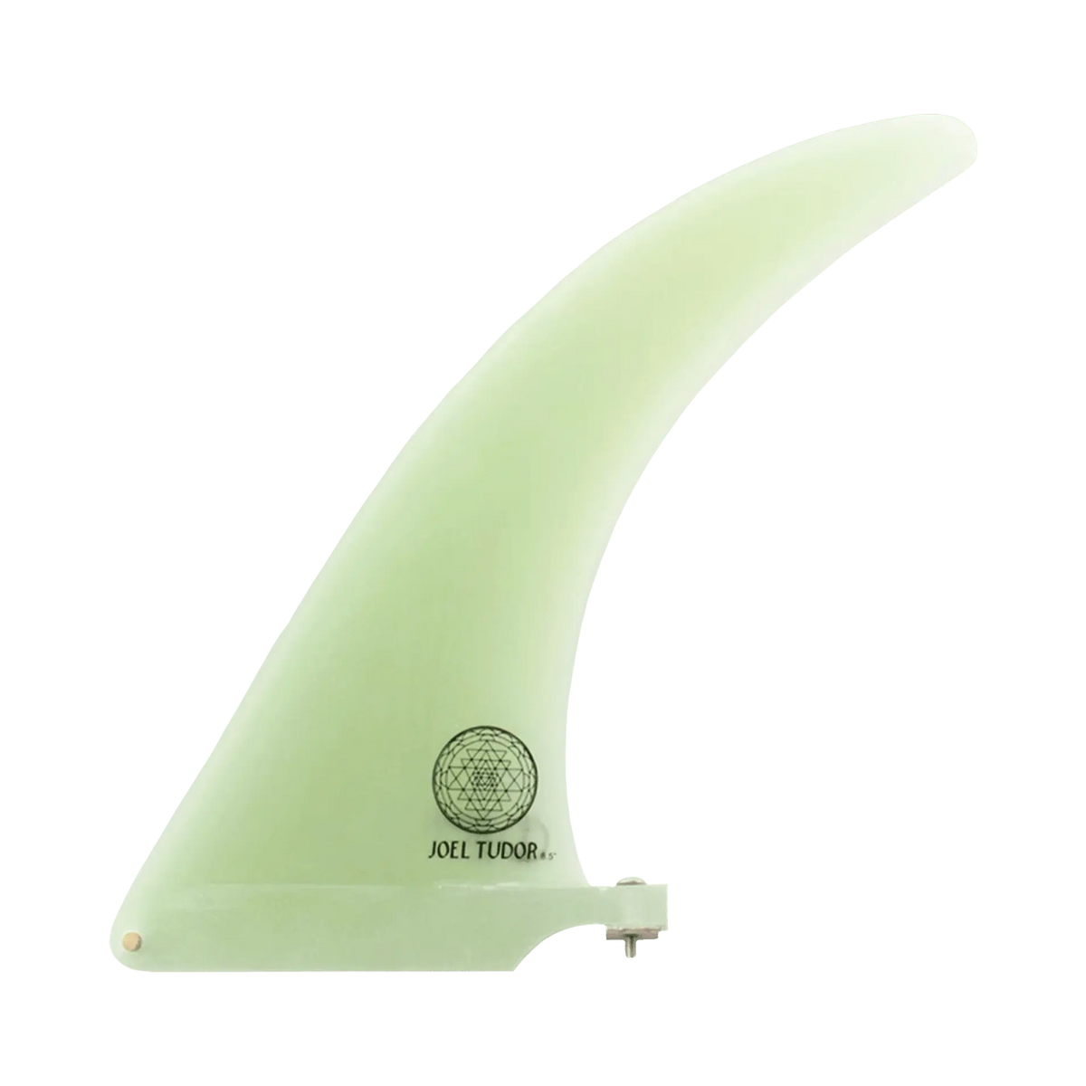 Shapers-Club - fin A pale green surfboard with a curved design stands on a plain background, measures 8.5 inches and features a small circular logo elegantly displaying the name "Joel Tudor". -surfshop-surfboard