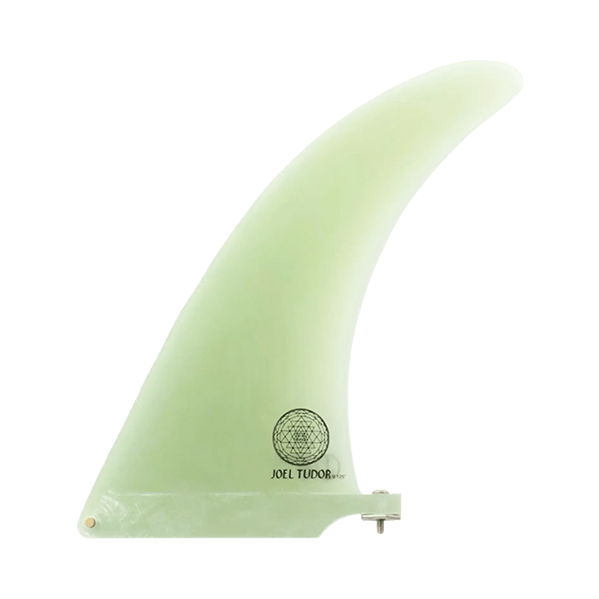 Shapers-Club - One fin of the clear green surfboards labeled "Joel Tudor 9.125" features a pointed tip and a small logo near its base, isolated on a white background, representing elegance and precision. -surfshop-surfboard