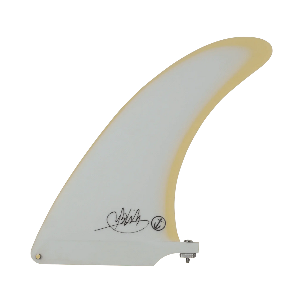 Shapers-Club- fin A Mikey February single 7.5 white and yellow surf board, with its signature near the bottom, displayed on a uniform green background. -surfshop-surfboard