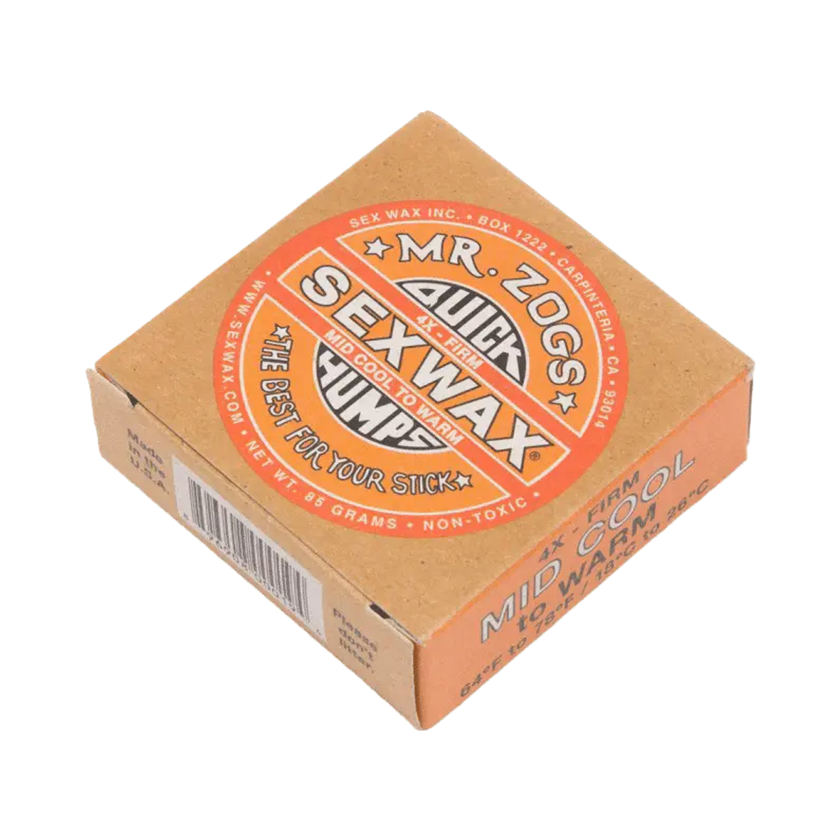 Shapers-Club- A rectangular box of Sexwax surf wax - Mid Warm is presented. The orange packaging features a circular marking in red, white and black. The text indicates that it is "Quick Humps", "Mid Warm to Cool" and "Firm". The weight of 85 grams and the non-toxic properties are indicated. -surfshop-surfboard