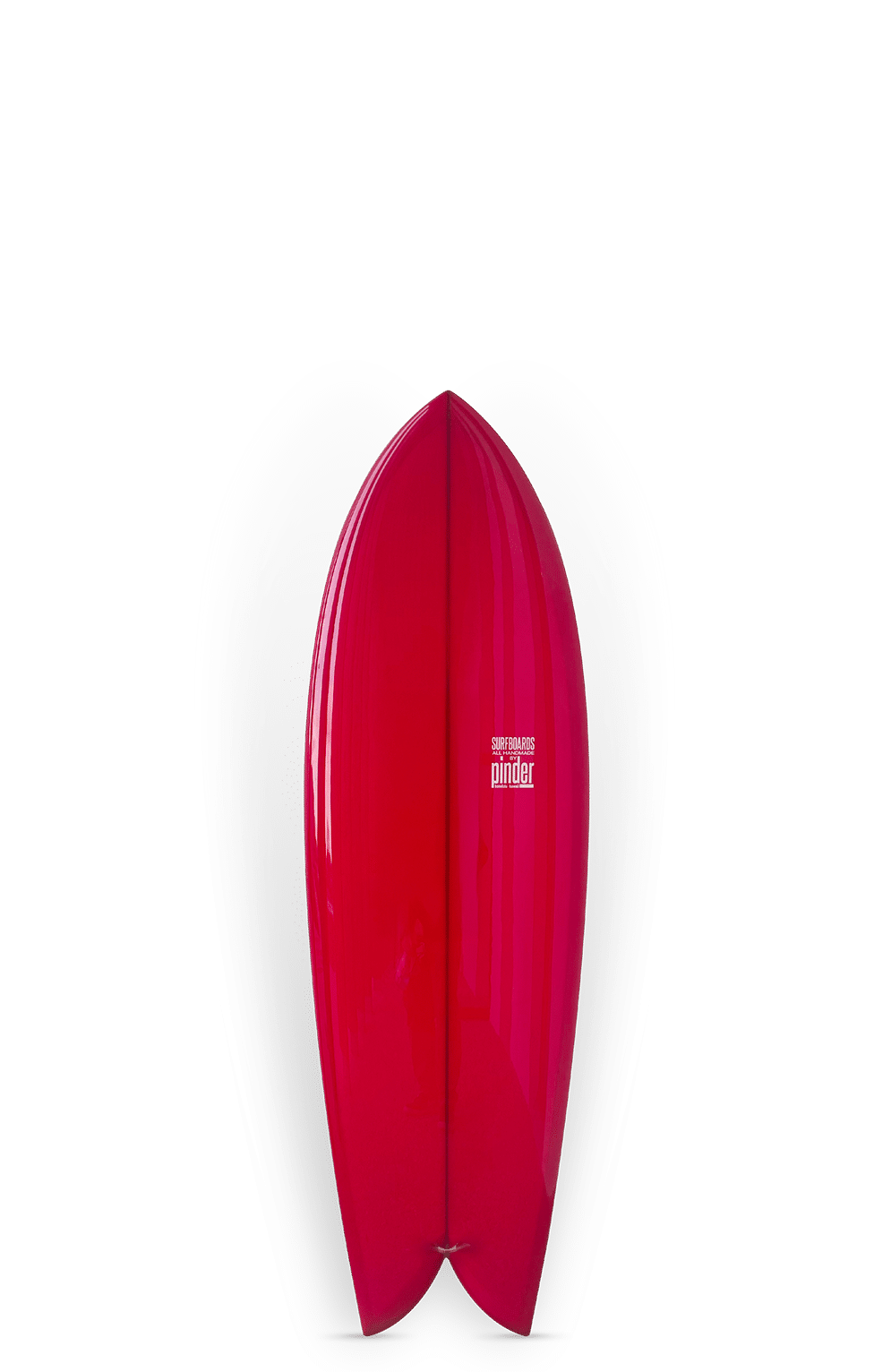 Shapers-Club- Une planche de surf rouge vif Lis Fish - 5'10x21 1/2x2 3/4 se dresse verticalement sur un fond gris dégradé, mettant en valeur ses surfaces lisses et brillantes et son logo près du haut. -surfshop-surfboard