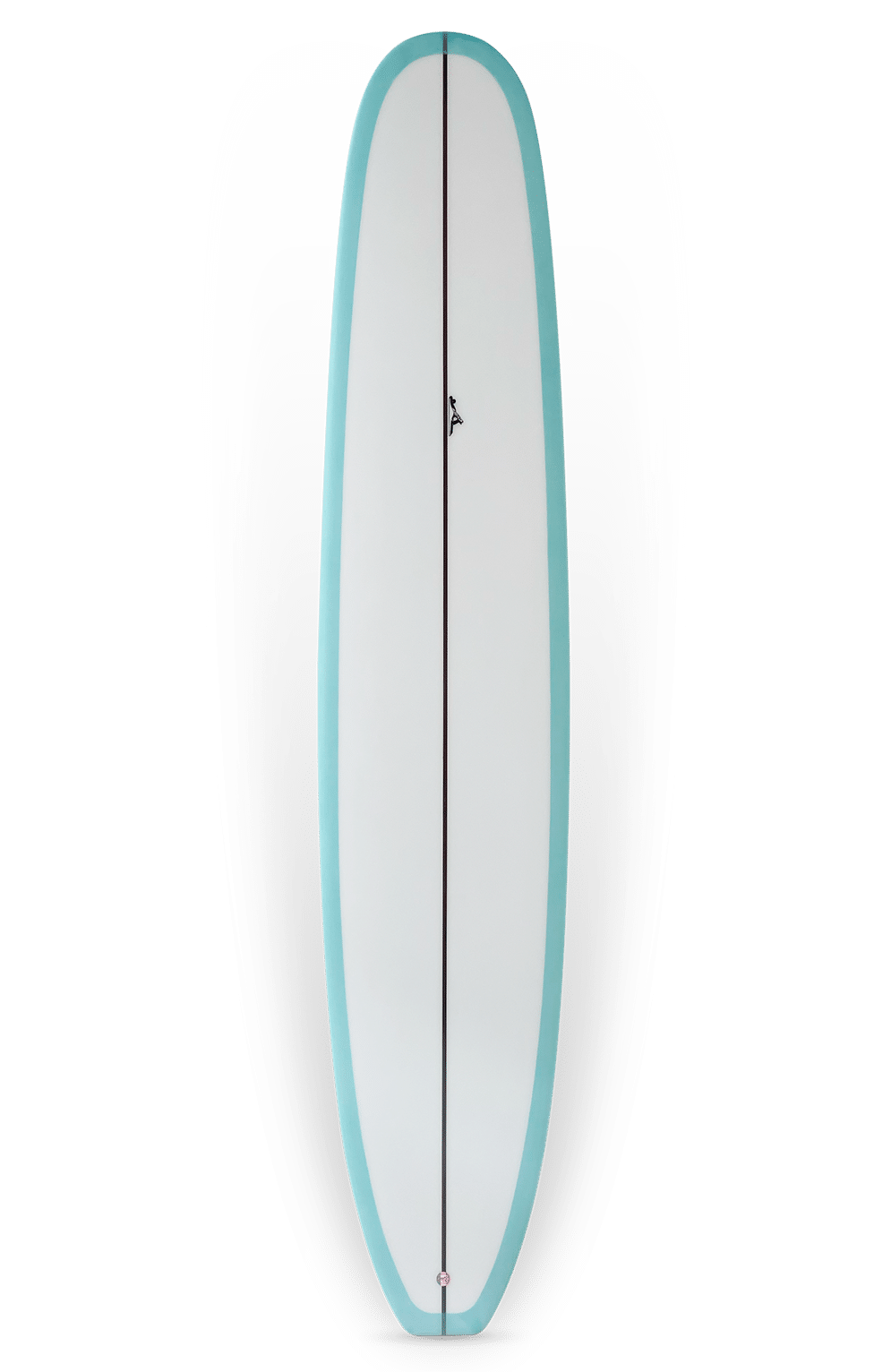 Shapers-Club- La planche de surf Keeper 2 - 9'6" x 23" x 3" est dotée d'un pont blanc, de bords turquoise et d'un longeron central noir. Sa queue arrondie accentue son design minimaliste et élégant, offrant le mélange parfait de style et de performance pour les amateurs de vagues. -surfshop-surfboard