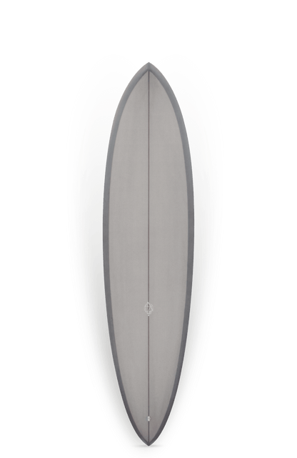 Shapers-Club- La planche de surf Hellhound, aux dimensions de 7'6" x 21' 17/20" x 3", présente un design arrondi gris élégant, une surface lisse et un aileron central. Elle incarne l'esprit féroce de Hellhound et est représentée verticalement sur un fond blanc uni. -surfshop-surfboard