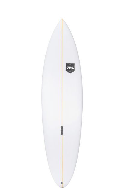 Shapers-Club- Une planche de surf blanche avec une seule dérive se découpe sur un fond noir, mettant en valeur un logo noir près du haut. Baptisée « The variant », elle mesure 7'2" x 21' 1/4" x 2' 7/8", offrant précision et design classique et épuré. -surfshop-surfboard