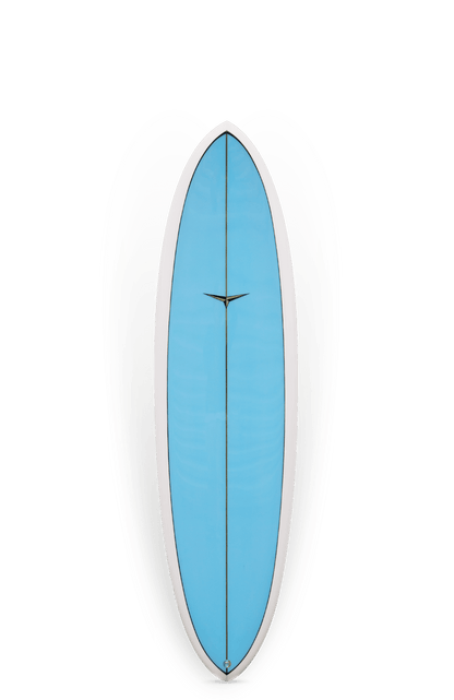 Shapers-Club- La planche de surf Scream présente un design symétrique et épuré avec un extérieur chromé lisse et un panneau central bleu vif bordé de blanc, ressemblant à un bouclier futuriste. À 6'10", elle capture l'essence de la modernité avec ses dimensions impressionnantes. -surfshop-surfboard