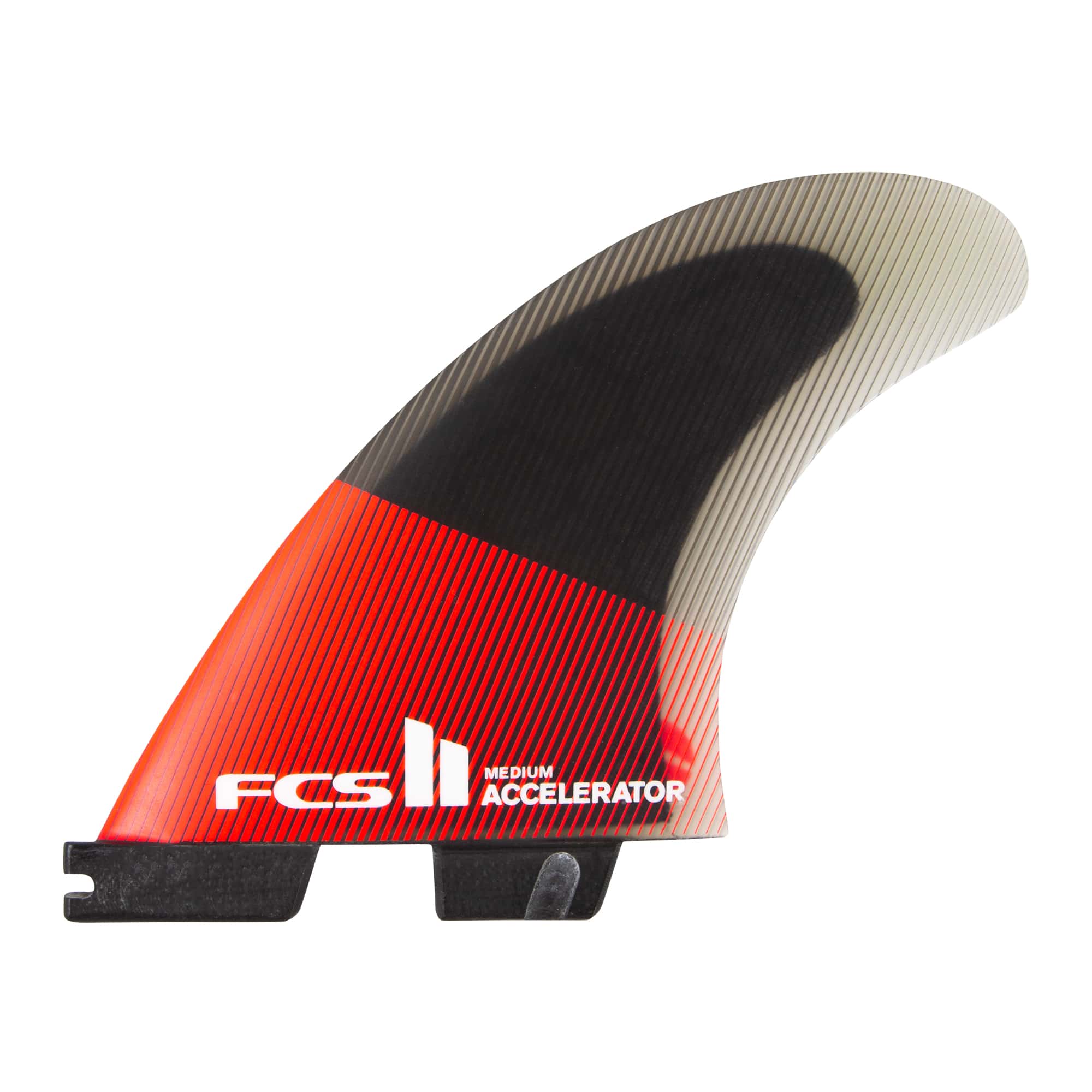 Shapers-Club- Photographie d'un aileron de planche de surf FCS Ⅱ Accelerator Thruster Performance Core. L'aileron présente un design dégradé avec des nuances de rouge, d'orange, de noir et de gris. Il a une forme incurvée avec les logos et le texte « FCS » et « Medium Accelerator » imprimés dessus. La base est noire avec une petite languette saillante, parfaite pour votre configuration de propulseur. -surfshop-surfboard