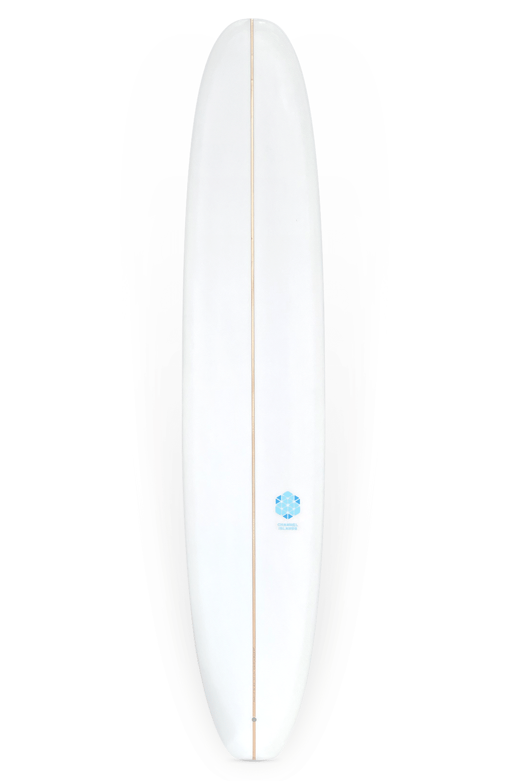 Shapers-Club- Une planche de surf CI LOG 9'6 x 23 x 3"1/8 en blanc, avec un logo bleu subtil près du bas. La planche présente un design épuré et une finition brillante immaculée. -surfshop-surfboard