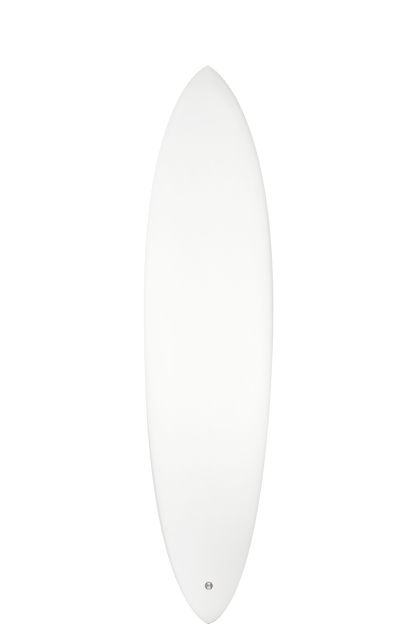 Shapers-Club- La planche de surf « Addiction - Eldorado », mesurant 7'1" x 20" x 2' 3/4", présente une forme profilée avec une pointe en haut. Elle a une surface blanche lisse ornée d'un petit logo Eldorado près du bas, présentant un design simple et épuré sans aucun graphisme ou couleur supplémentaire. -surfshop-surfboard