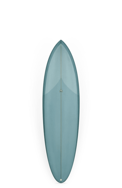 Shapers-Club- Une planche de surf Clincher bleue (6'4" x 20 1/2" x 2 3/4", 39,5L) vue de dessus, centrée sur un fond blanc avec un effet d'ombre ovale noir et gris autour. -surfshop-surfboard