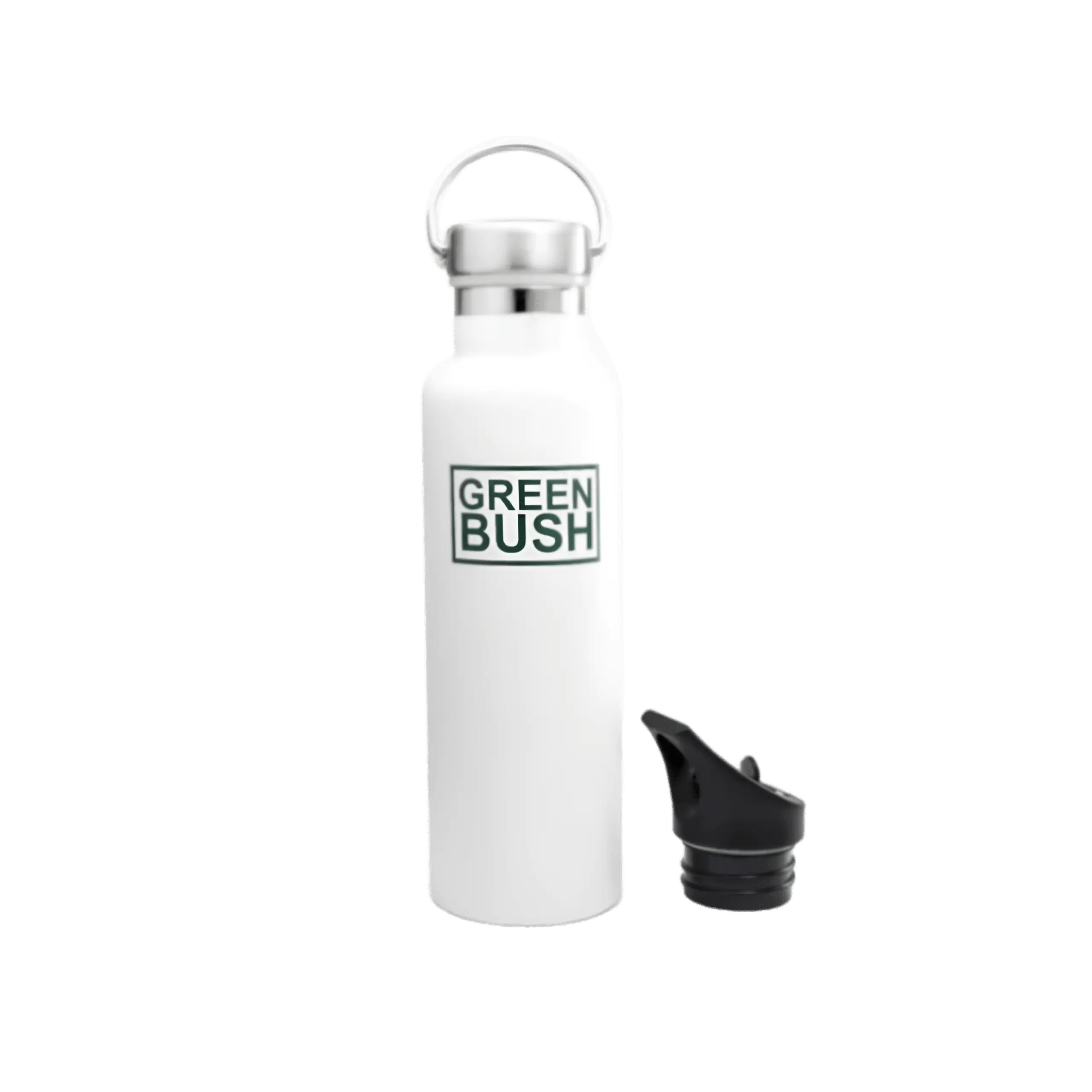 Shapers-Club- La GOURDE GREENBUSH - STANDARD - 621ML présente un élégant design en acier blanc, affichant bien en évidence « GREEN BUSH » en lettres vertes et surmonté d'un élégant bouchon argenté. À côté se trouve un couvercle à vis noir avec un bec verseur. Cette bouteille d'eau sophistiquée est idéale pour les personnes qui apprécient à la fois le style et la fonctionnalité sur fond blanc uni. -surfshop-surfboard