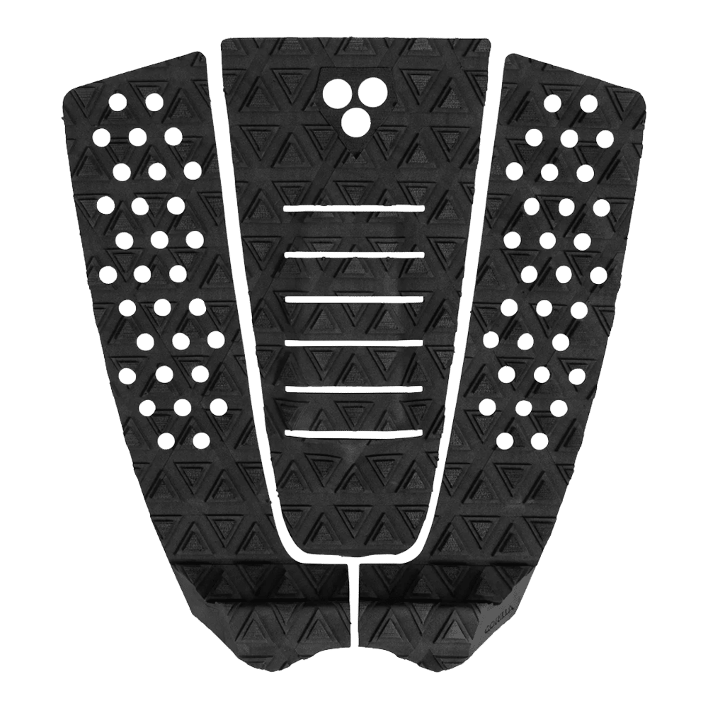 Shapers-Club- Le pad de traction Jane Black est conçu pour les planches de surf, avec des motifs triangulaires et des découpes circulaires. Sa conception comprend trois sections principales avec des rainures qui offrent une excellente adhérence et un support de voûte centrale, alliant style et performance sur les vagues. -surfshop-surfboard