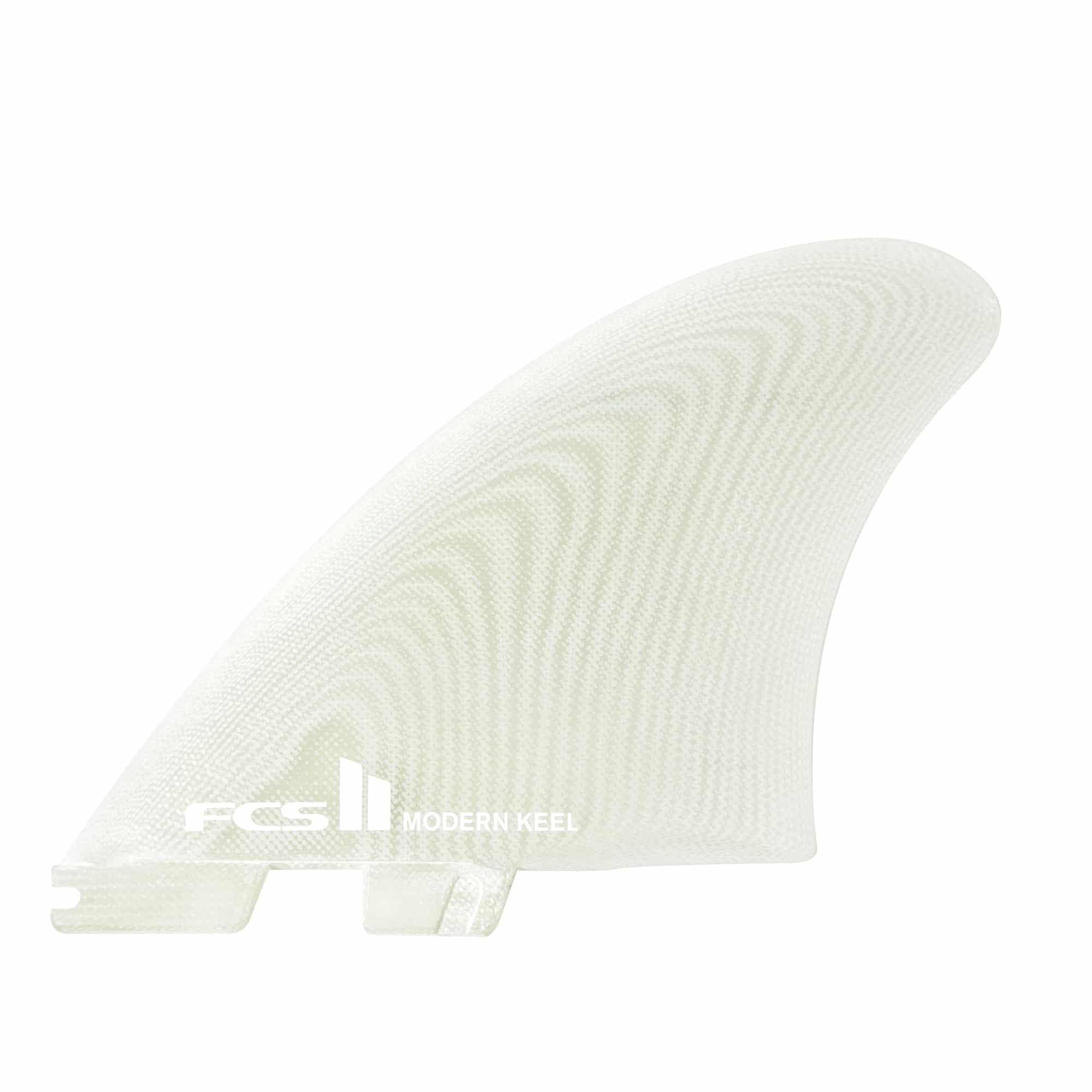 Shapers-Club- Un aileron FCS Ⅱ Modern Keel Twin blanc, fabriqué en verre Performance avec son nom imprimé à la base, présente un design incurvé et profilé avec une surface texturée. Cet aileron est idéal pour améliorer la stabilité et les performances d'une planche de surf. -surfshop-surfboard