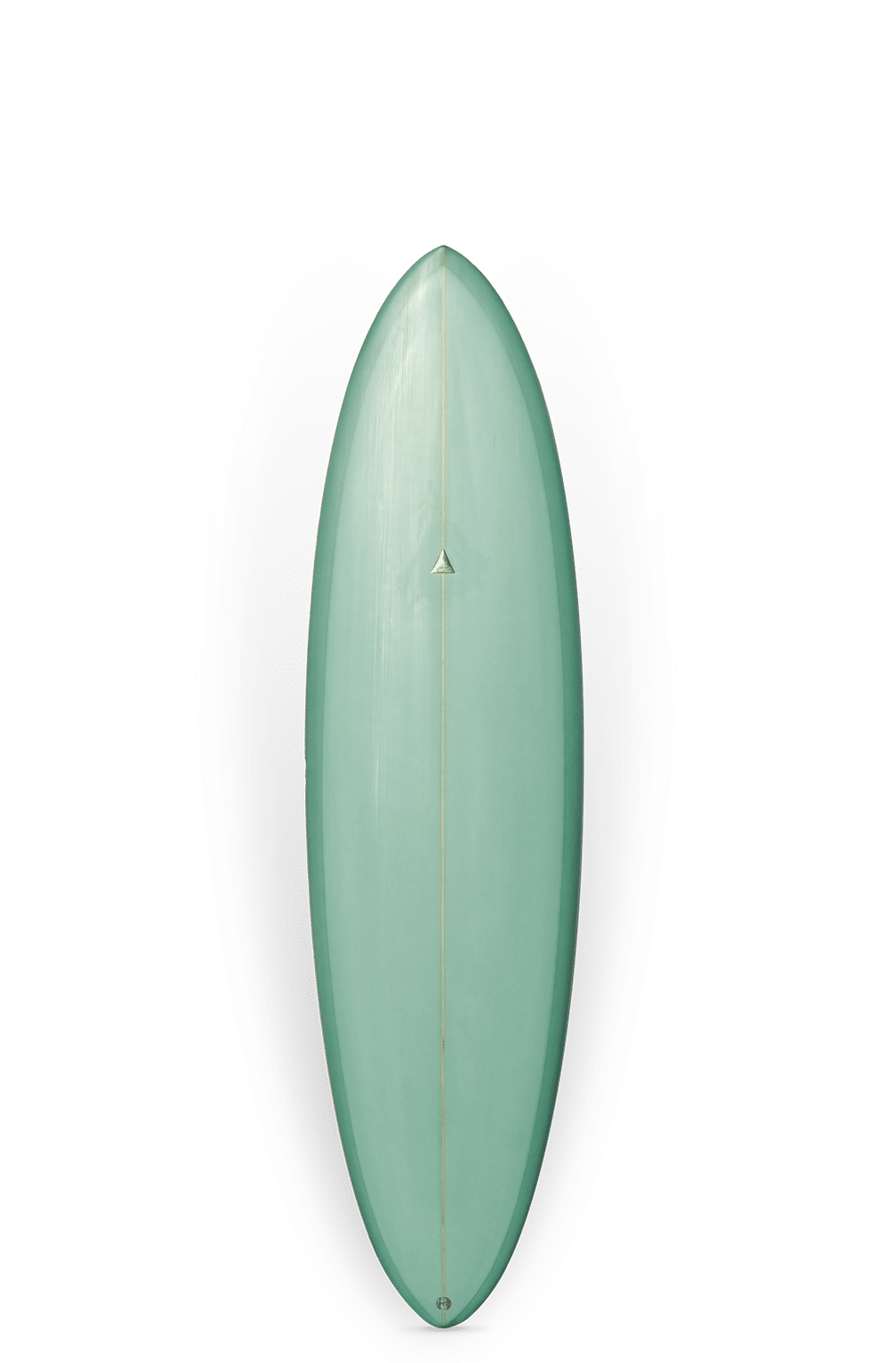 Shapers-Club- Une planche de surf PAY DAY vert menthe de 6'8", avec une seule dérive est exposée sur une surface brillante, créant un effet miroir. Le design 44L met l'accent sur son élégance et sa simplicité, idéale pour ces moments parfaits de prise de vague. -surfshop-surfboard