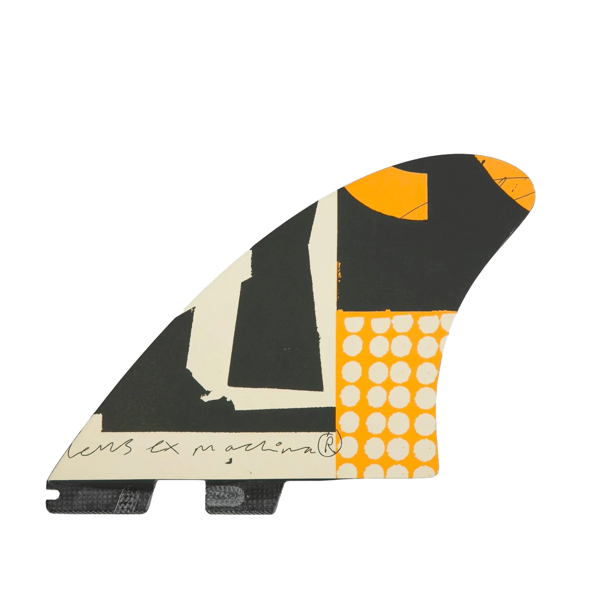 Shapers-Club- Une image en gros plan de l'aileron de planche de surf FCS - DEUS - Modern Keel - Twin présente son design abstrait, avec un mélange de formes géométriques noires, orange, blanches et beiges. Le design comprend des rectangles noirs, un motif de cercles orange et des zones blanches avec du texte manuscrit. Il offre une compatibilité parfaite avec les configurations FCS et Modern Keel. -surfshop-surfboard