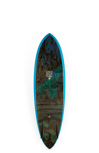 Shapers-Club- La planche de surf Hell Hound (Bonzer) mesure 6'8" x 20 5/8" x 2 5/8", présente un bord bleu, des motifs abstraits vert foncé et marron et porte « DEAD KOOKS » en blanc près du centre supérieur. -surfshop-surfboard