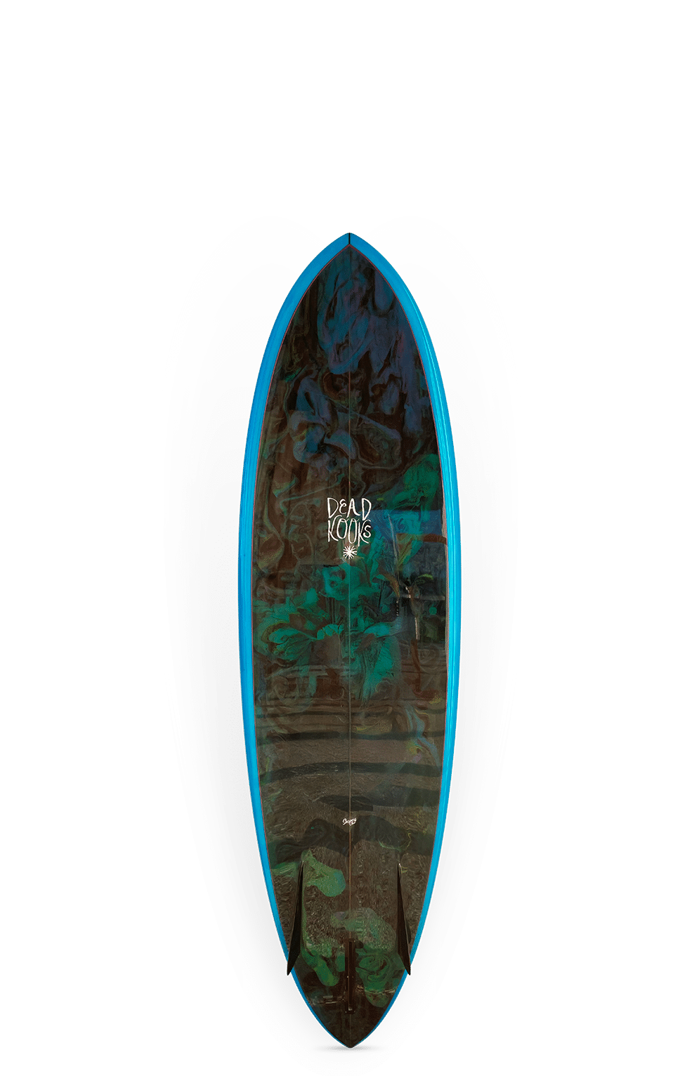 Shapers-Club- La planche de surf Hell Hound (Bonzer) mesure 6'8" x 20 5/8" x 2 5/8", présente un bord bleu, des motifs abstraits vert foncé et marron et porte « DEAD KOOKS » en blanc près du centre supérieur. -surfshop-surfboard