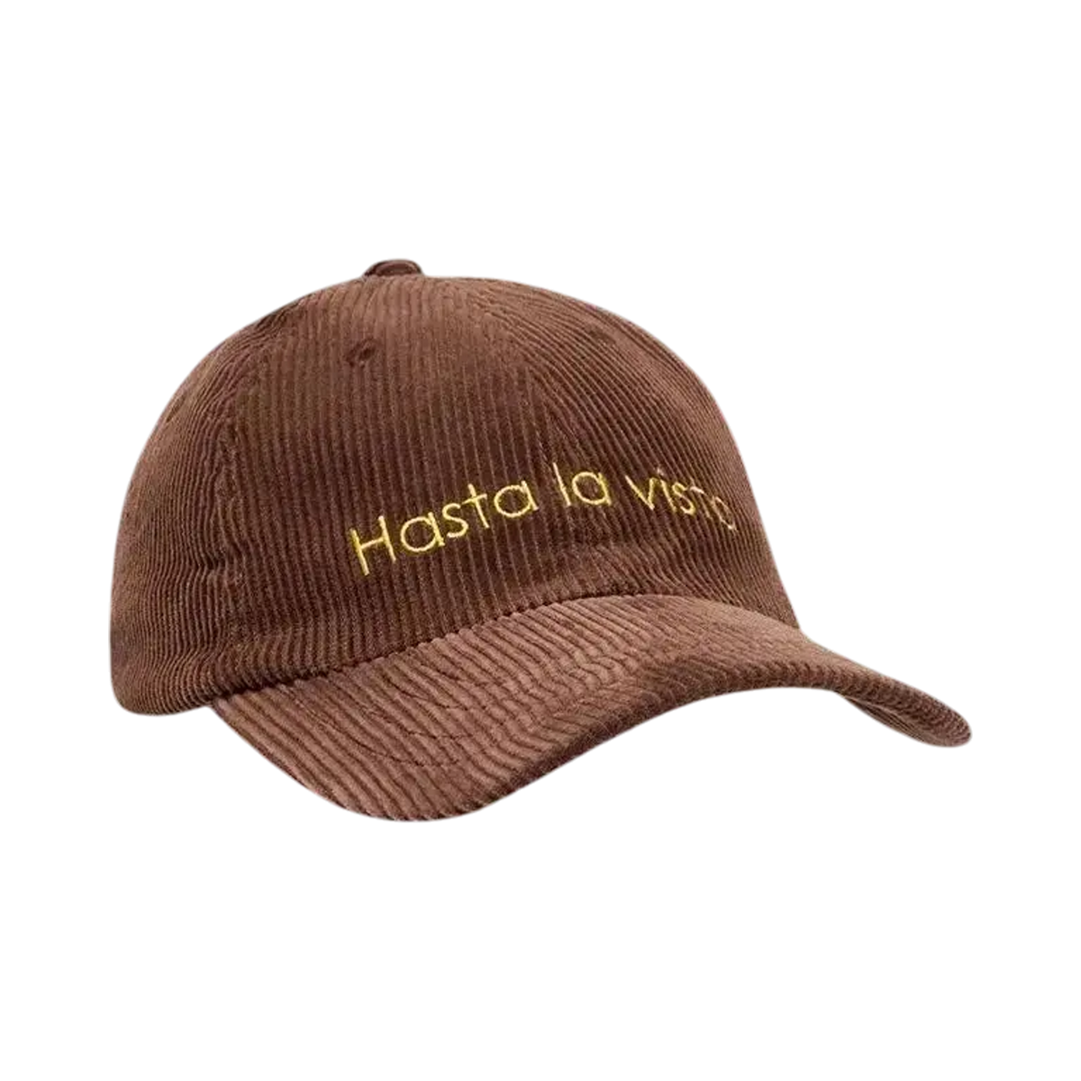 Surfshop cap - Shapers Club House in brown corduroy with yellow Hasta la vista embroidery