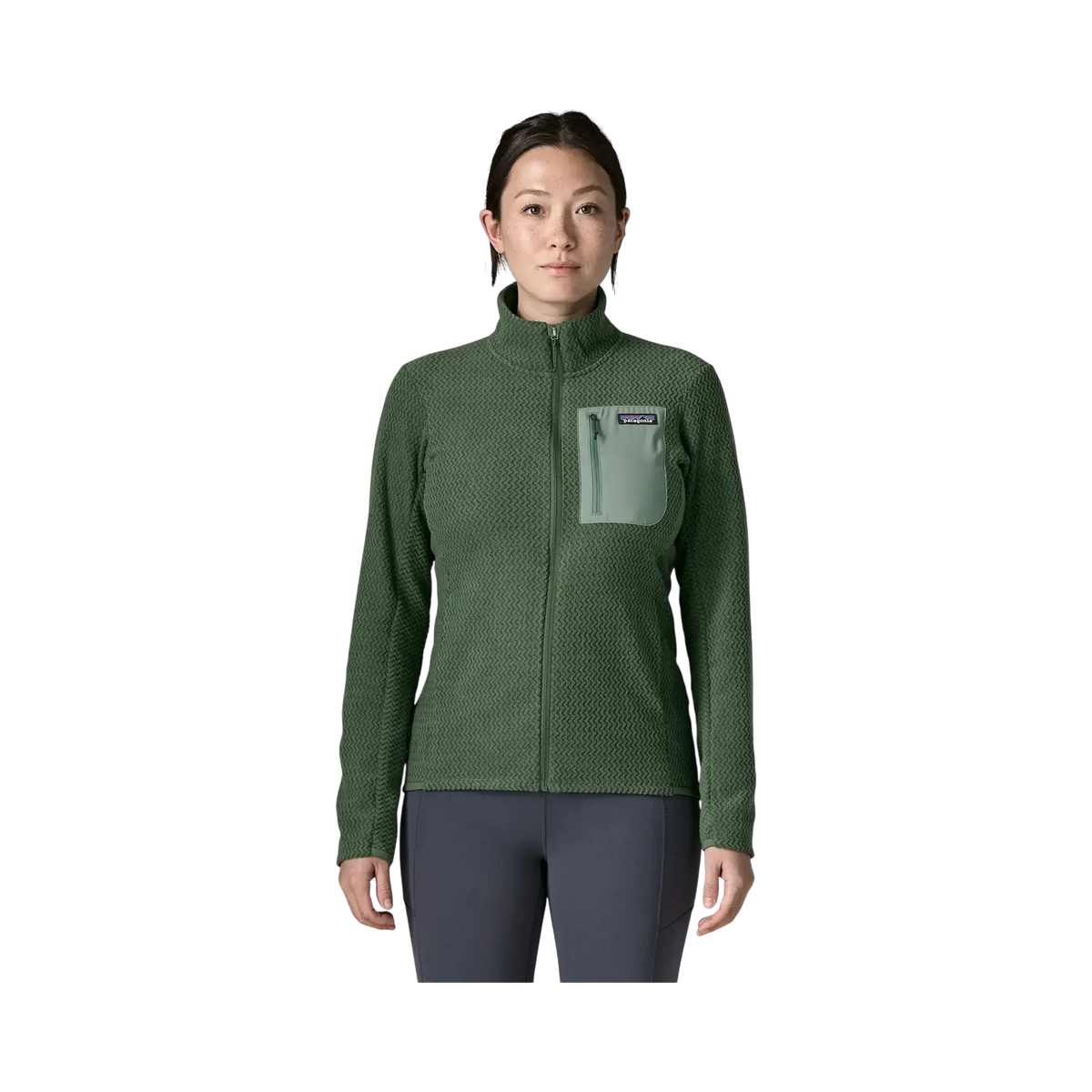 Patagonia W's R1 Air Jkt green - Polarized jacket on transparent background - Surfshop Shapers Club House, La Rochelle