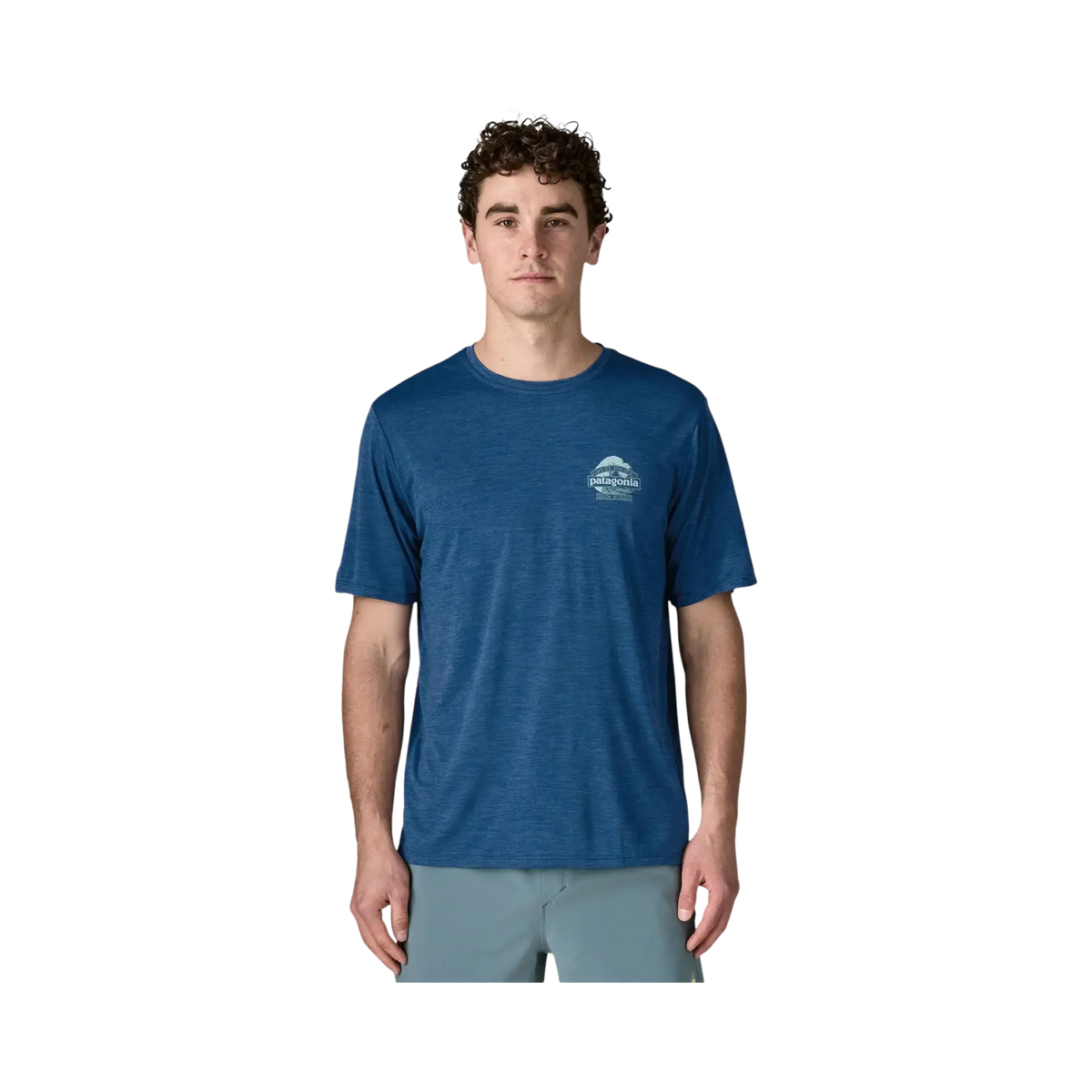 Patagonia M's Cap Cool Daily Shirt Great Waves blue - Technical t-shirt on a transparent background - Surfshop Shapers Club House, La Rochelle