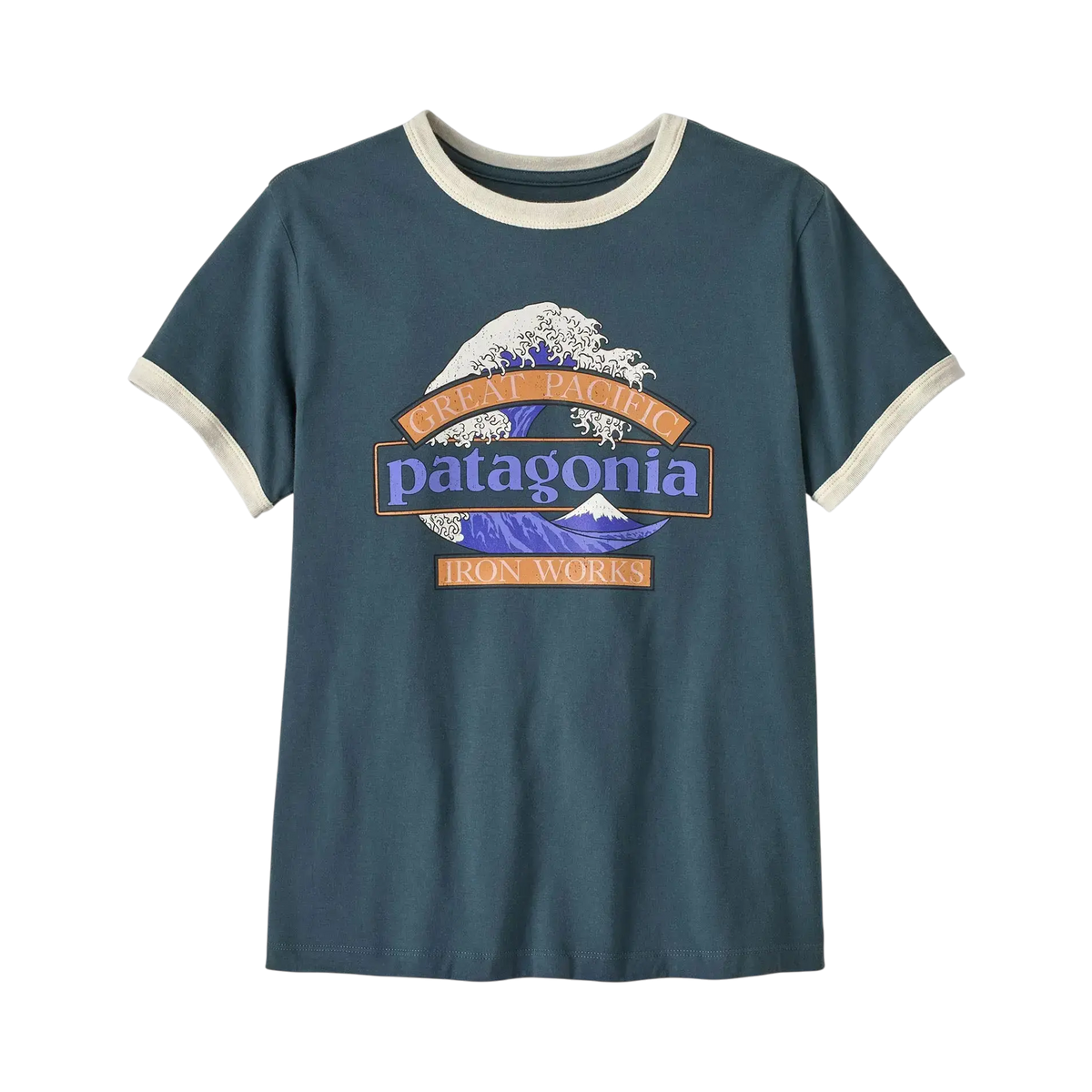 Patagonia W's Great Waves Ringer Tee blue - Ringer T-shirt on a transparent background - Surfshop Shapers Club House, La Rochelle