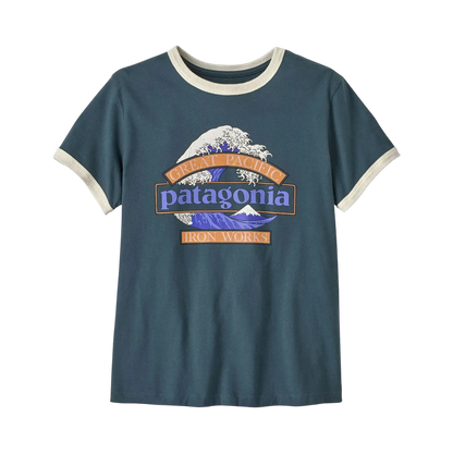 Patagonia W's Great Waves Ringer Tee blue - Ringer T-shirt on a transparent background - Surfshop Shapers Club House, La Rochelle