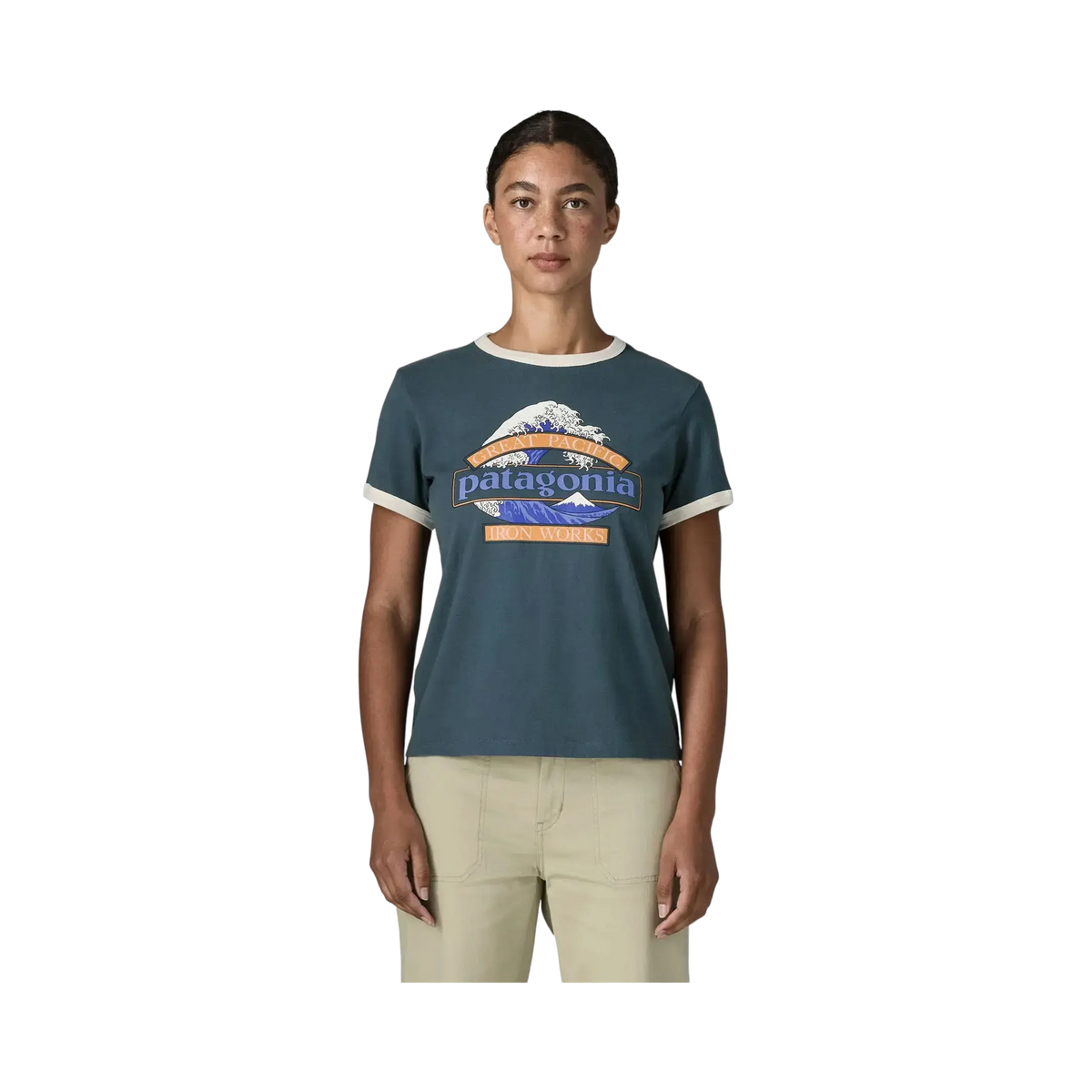 Patagonia W's Great Waves Ringer Tee blue - Ringer T-shirt on a transparent background - Surfshop Shapers Club House, La Rochelle