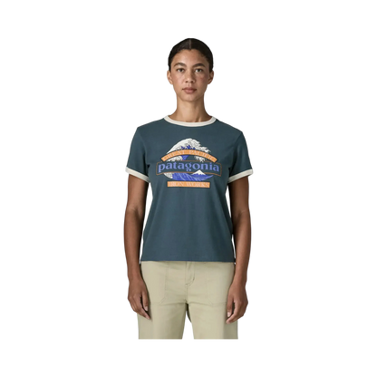 Patagonia W's Great Waves Ringer Tee blue - Ringer T-shirt on a transparent background - Surfshop Shapers Club House, La Rochelle