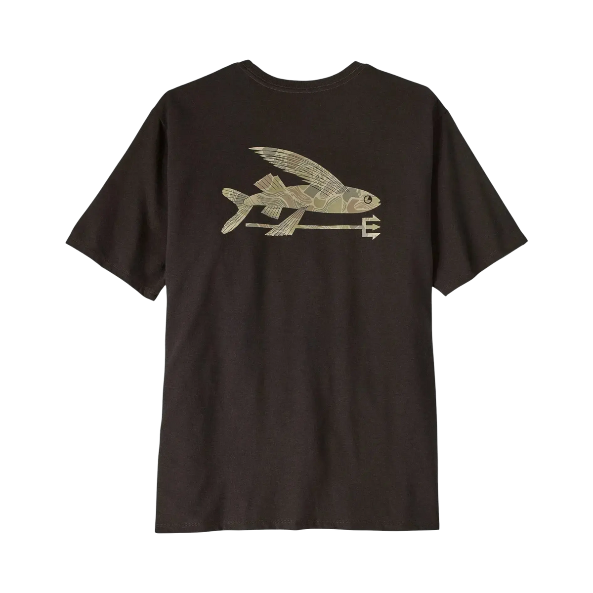 Brown Surfshop T-shirt - Shapers Club House made from organic cotton with a Flying motif Fish printed on the back