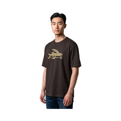Man wearing a brown Patagonia organic cotton t-shirt with the Flying motif Fish, Surfshop - Shapers Club House