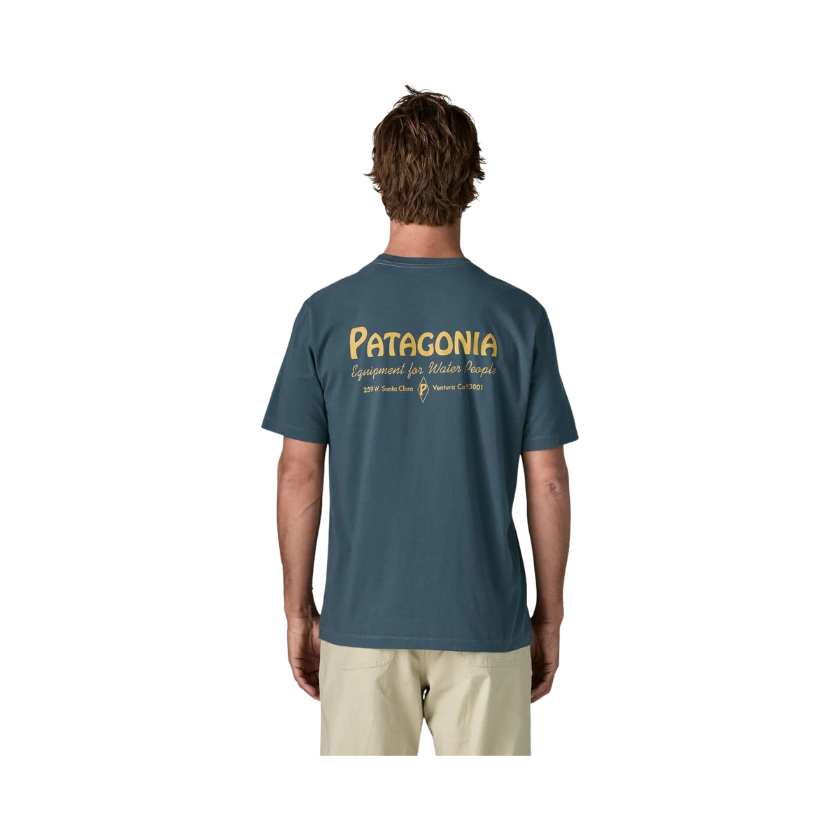 Blue Patagonia Water People Banner T-shirt worn by a man, seen from behind with a graphic logo on the back