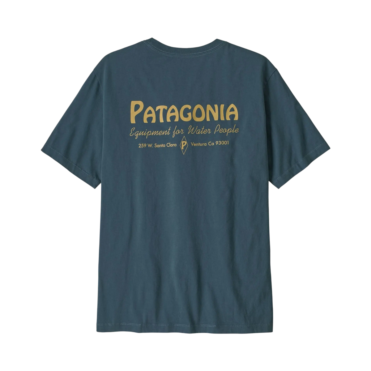 Blue Patagonia Surfshop T-shirt - Shapers Club House cotton with a Water People graphic print on the back