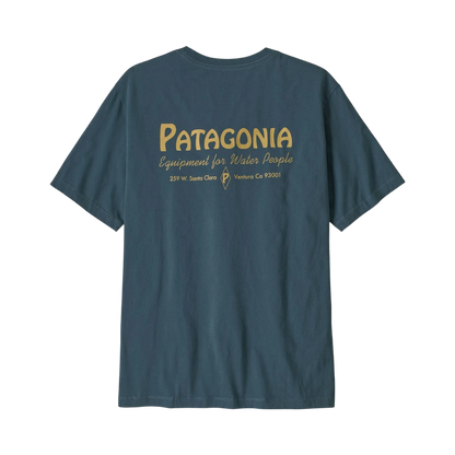 Blue Patagonia Surfshop T-shirt - Shapers Club House cotton with a Water People graphic print on the back