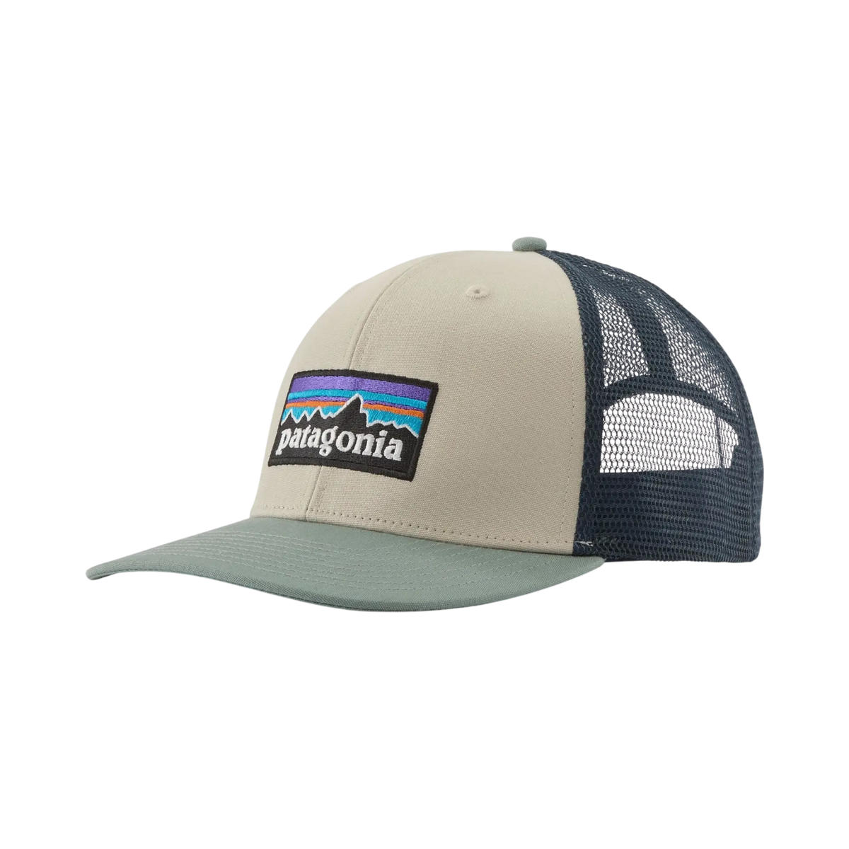 Patagonia P-6 Logo beige and navy blue trucker cap with breathable mesh panels on the back