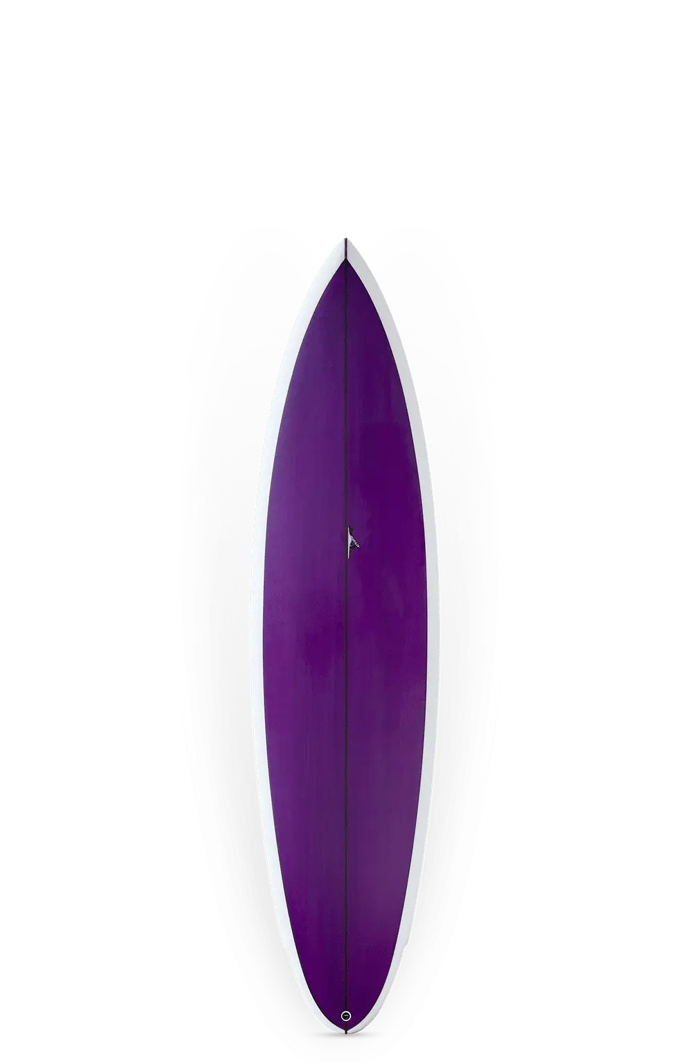 Shapers-Club- Une élégante planche de surf violette MV1 de Thomas Surfboards, dotée d'un bord blanc et d'un nez pointu, est présentée sur un fond clair. Mesurant 7'0x21x2 7/8, elle est idéale pour les surfeurs en quête de style et de performance. -surfshop-surfboard