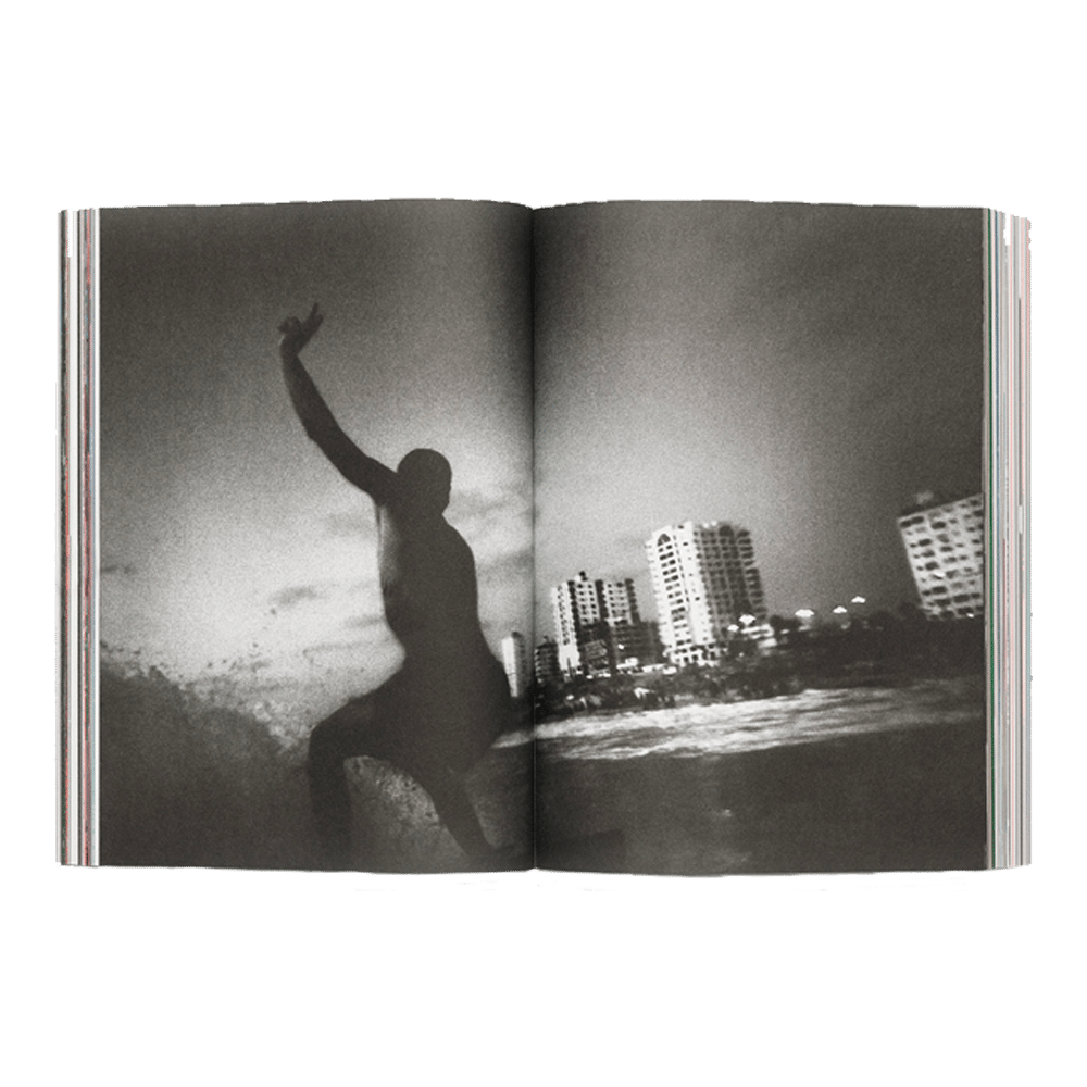 Shapers-Club- Un exemplaire ouvert d'ACID MAGAZINE - N°6 - WHATEVER SURFING MEANS présente une photo de surf en noir et blanc : un surfeur surfe sur une vague près des gratte-ciel de la ville sous un ciel nuageux. -surfshop-surfboard