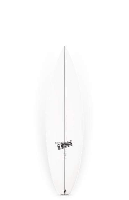 Shapers-Club- Une planche de surf blanche CI 2.PRO (6'0" x 19 1/2" x 2 7/16", 29,9L) pour Futures Fins, avec un nez pointu, une ligne centrale noire et le logo "Al Merrick" près du milieu, affiché sur un fond dégradé gris. -surfshop-surfboard