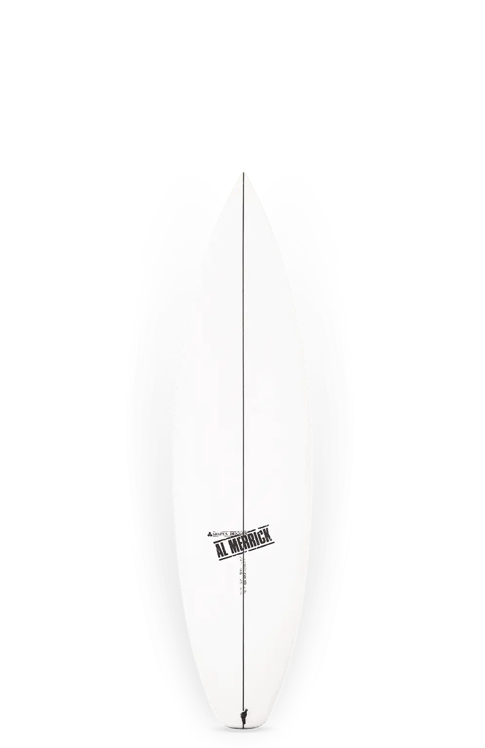 Shapers-Club- Une planche de surf blanche CI 2.PRO (6'0" x 19 1/2" x 2 7/16", 29,9L) pour Futures Fins, avec un nez pointu, une ligne centrale noire et le logo "Al Merrick" près du milieu, affiché sur un fond dégradé gris. -surfshop-surfboard