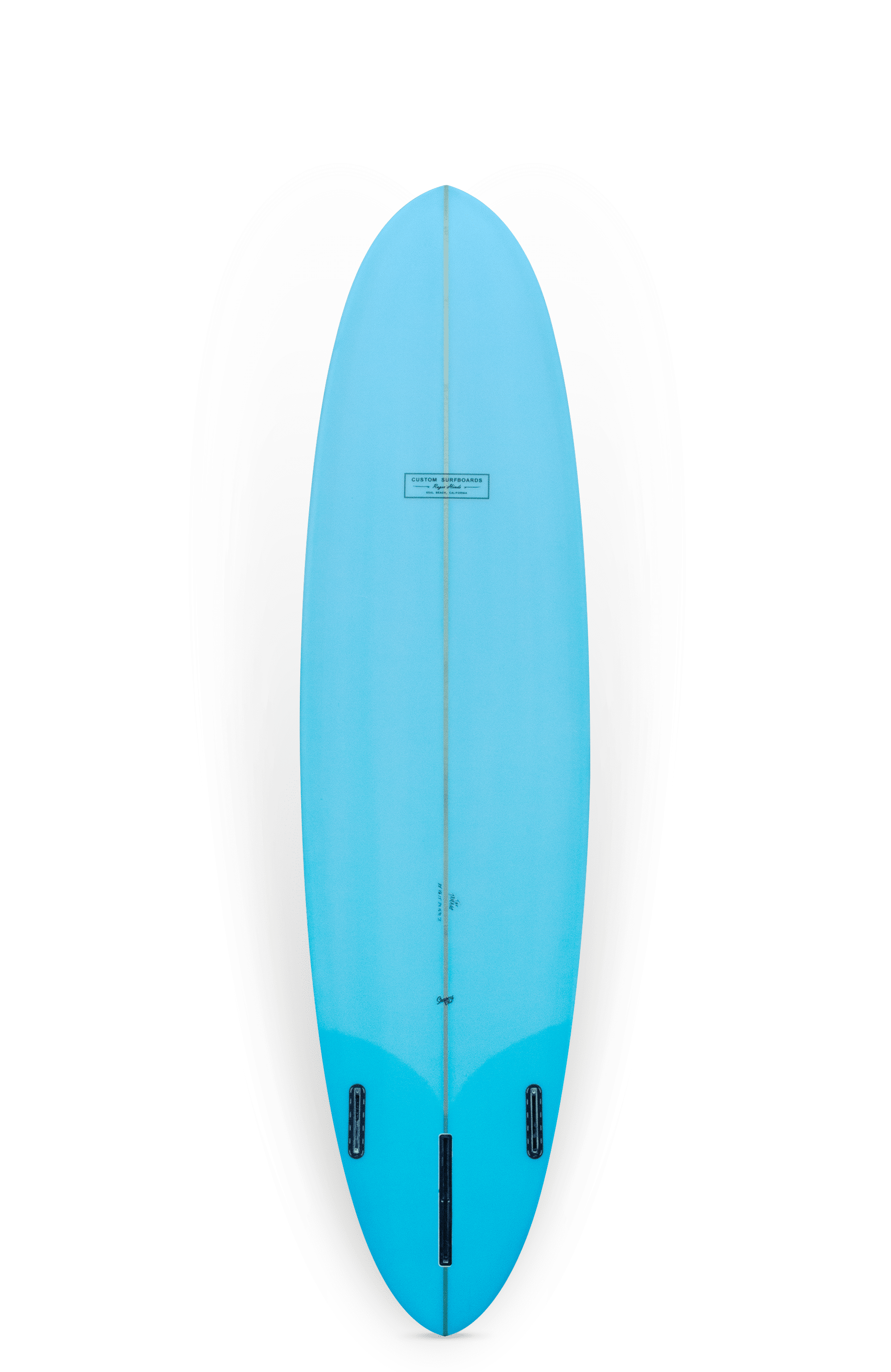 Shapers-Club- Une planche de surf Roger Hinds - Tamago 7'6" x 22" x 2' 7/8", présentant une forme ovale profilée vue de dessus, peinte en bleu. La planche comprend deux ailerons noirs à l'arrière et un petit autocollant ou logo près du centre supérieur. Son design distinctif est mis en valeur sur un fond blanc uni. -surfshop-surfboard