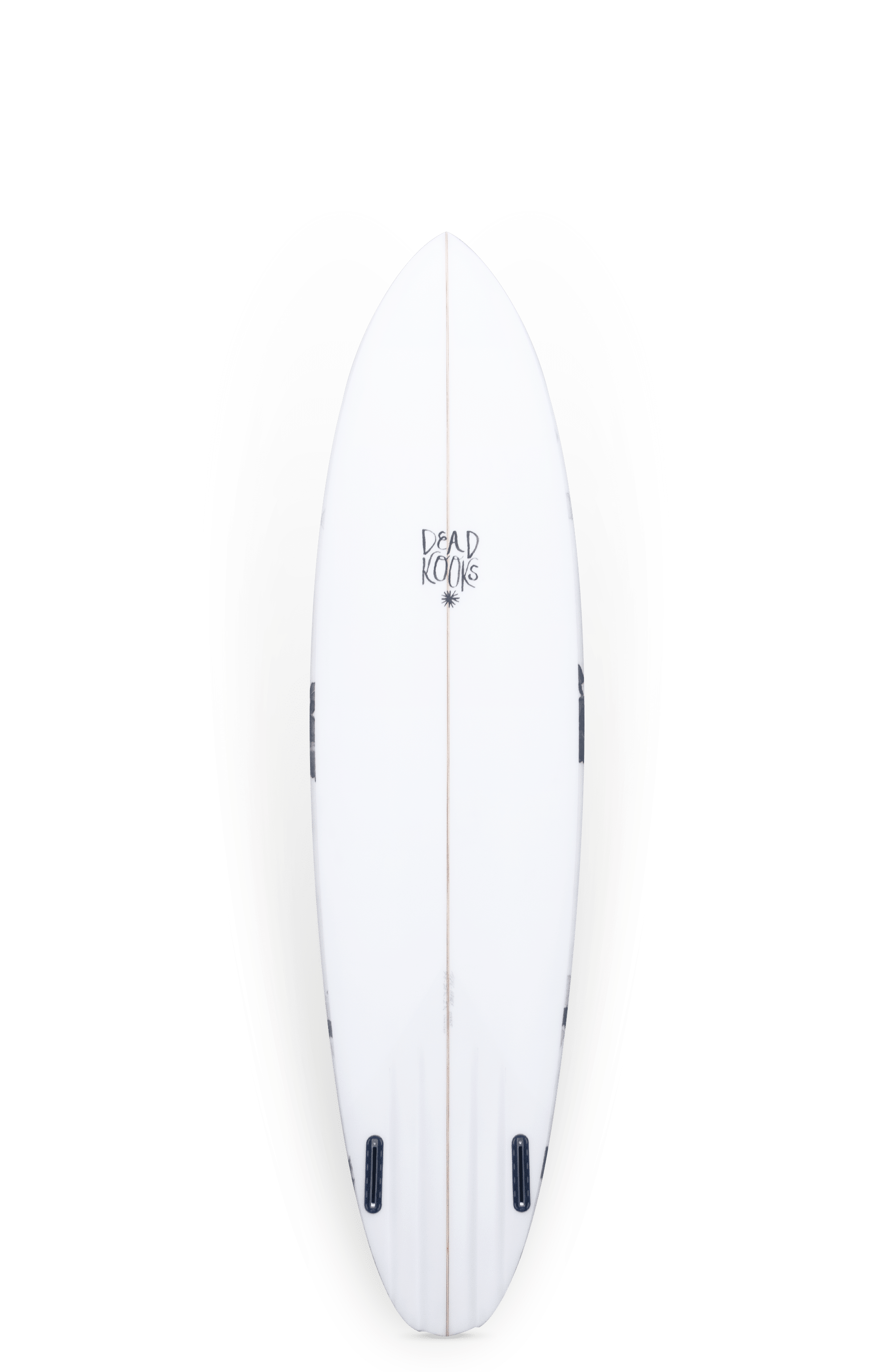 Shapers-Club- Une planche de surf de Dead Kooks, mesurant 6'10" x 20' 3/4" x 2' 3/4", est présentée sur un fond blanc. La planche, inspirée d'Aphex, présente un design épuré et simple avec des fentes pour ailerons en bas. -surfshop-surfboard