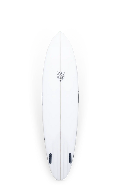 Shapers-Club- Une planche de surf de Dead Kooks, mesurant 6'10" x 20' 3/4" x 2' 3/4", est présentée sur un fond blanc. La planche, inspirée d'Aphex, présente un design épuré et simple avec des fentes pour ailerons en bas. -surfshop-surfboard