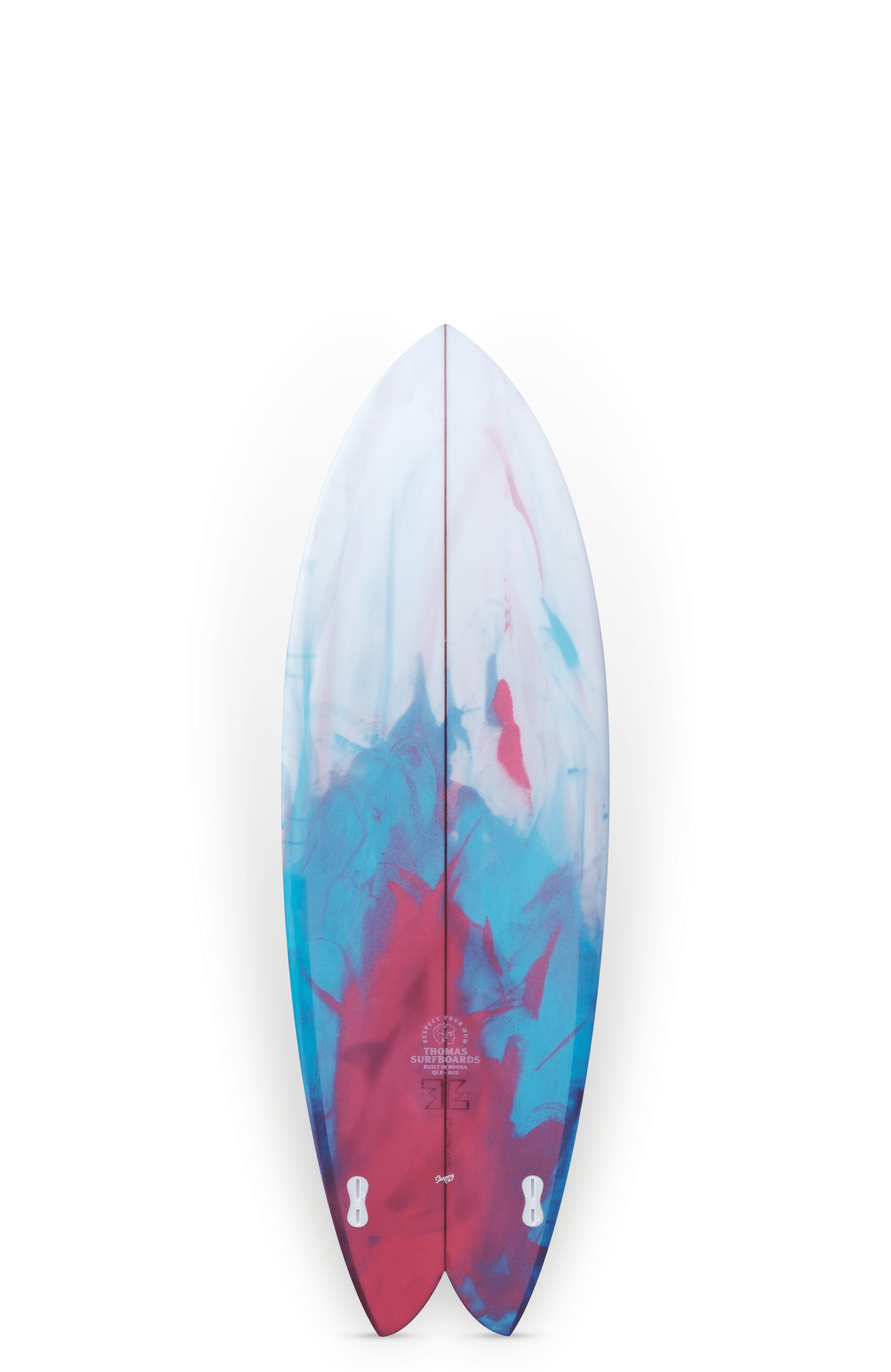 Shapers-Club- Une planche de surf Twin Fish aux couleurs vives avec un design marbré rouge, bleu et blanc se dresse sur un fond uni. Sa construction élégante de 5'9" ajoute une touche artistique à la collection de tout amateur de surf. -surfshop-surfboard